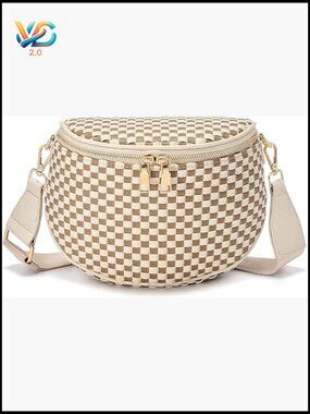 Cream & Tan Checkered Crossbody Bag with Adjustable Strap